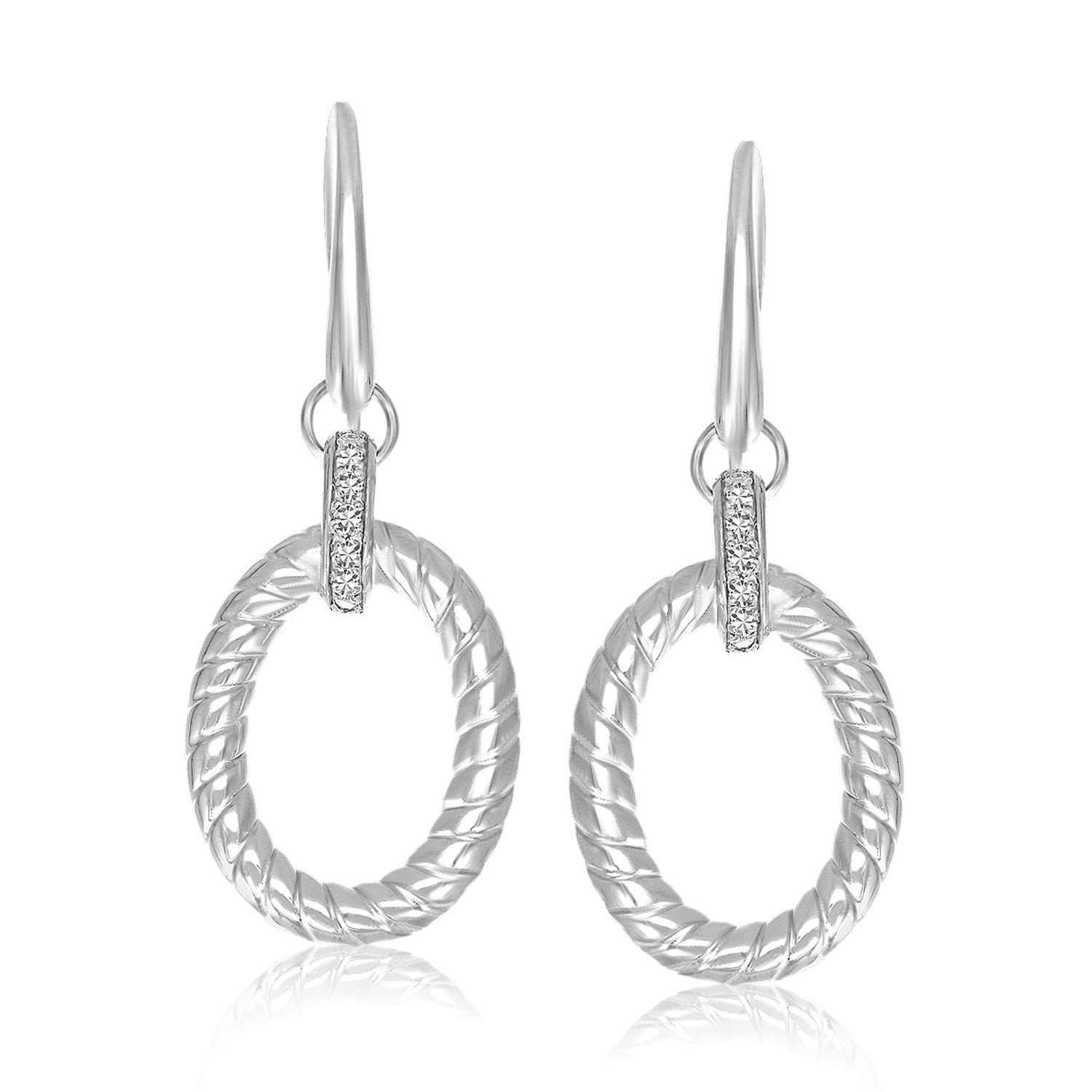 Sterling Silver Rhodium Finished Diamond Embellished Oval Rope Drop Earrings in a sleek high-contrast midnight luxury editori